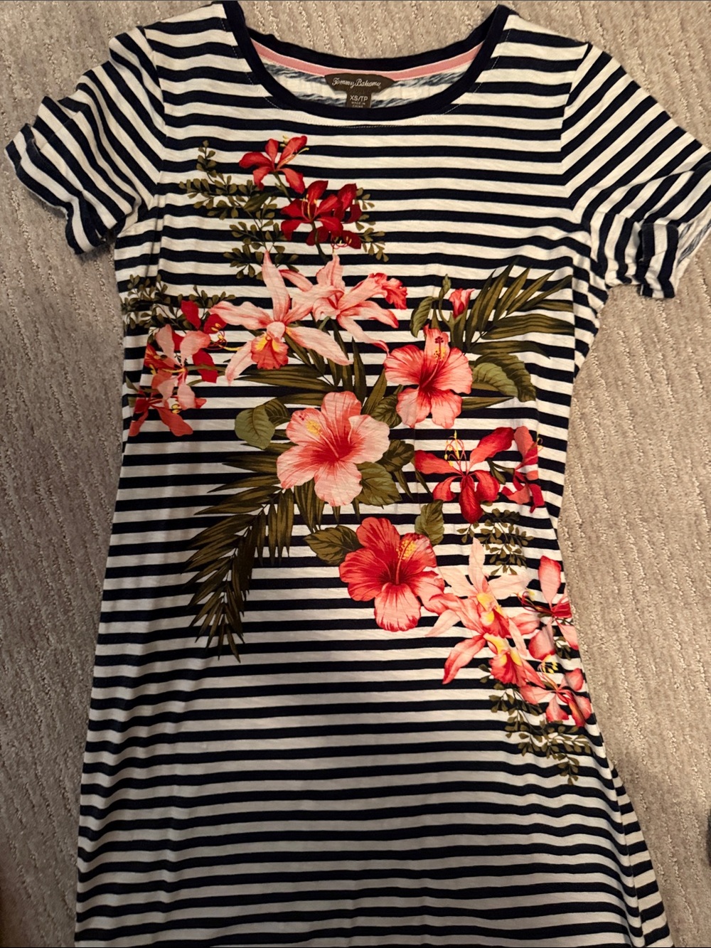 Tommy Bahama Navy & White Striped Tee with Pink Floral Print size x-small